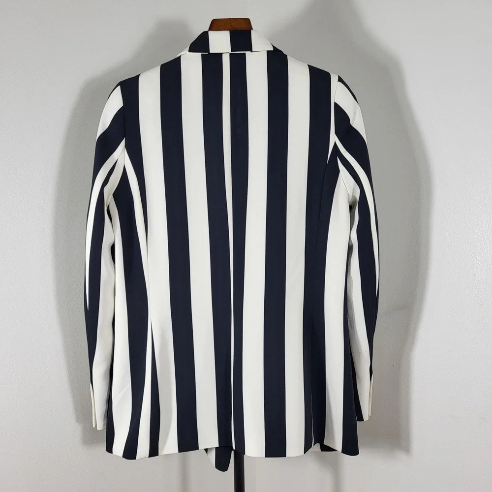 H&M Womens Navy Blue White Striped Double Breasted Blazer Jacket Size 8 Long